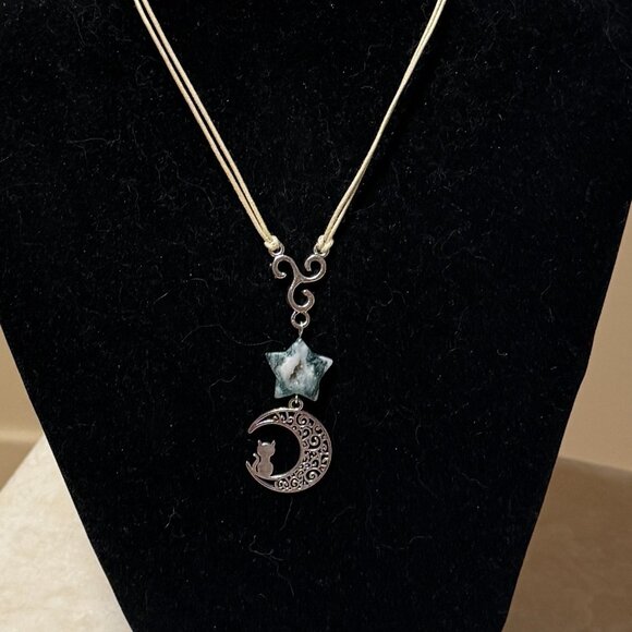 2/$20, Tree Agate Star & Cat on the Moon Necklace, Genuine Gemstone Lariat - Picture 3 of 12